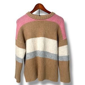 Topshop Sweater Fluffy Stripe Women's Medium Colorblock Crew Neck Pink
